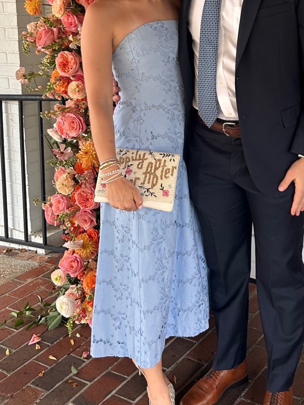 Mango Blue Strapless Embroidered dress